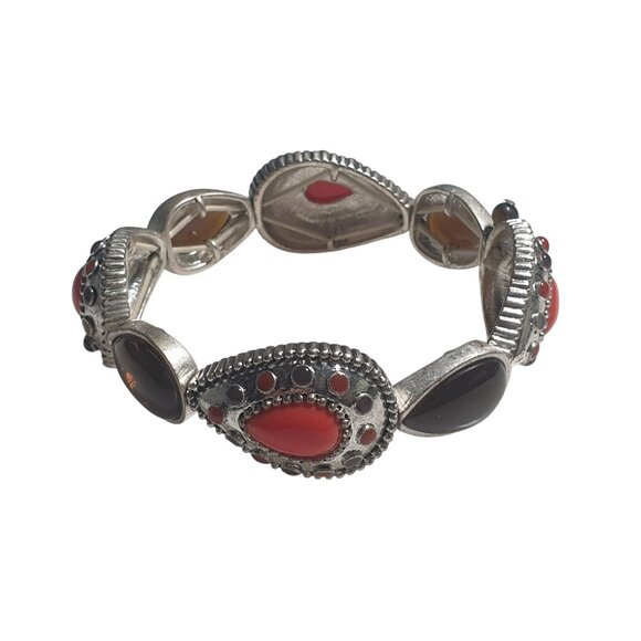 Silver Tone Elastic Bracelet Red Brown Teardrop Beaded Accents Antique Finish De - Picture 1 of 4